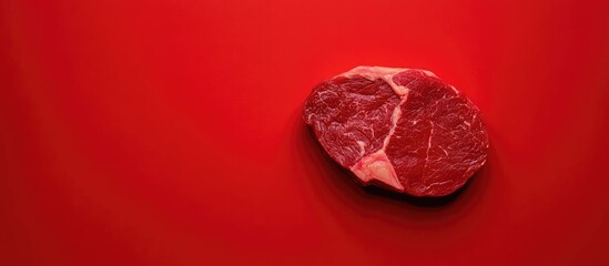 Fototapeta premium Minimalist Red Background Featuring a Raw Meat Steak Display with Text Space for Culinary or Food Product Promotions