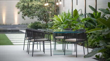 Outdoor dining set in lush garden setting