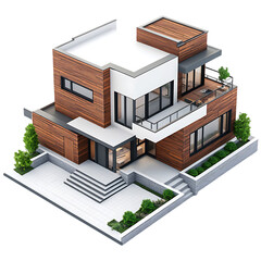3D modern house model white color with brown roof isolated on a transparent background