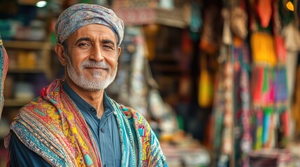 Obraz premium Authentic portrait of a Muslim shopkeeper in traditional attire highlighting cultural heritage within a bustling marketplace environment