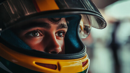 Close-Up Portrait of Racer Wearing Helmet Focused on Preparation