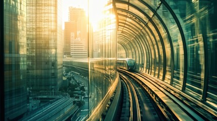 Fototapeta premium Urban Train Journey Through a Glass Tunnel with Sunlight Shining in a Modern City, Capturing the Essence of Progress and Technology in Urban Transportation