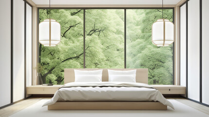 Fototapeta premium A minimalist bedroom featuring a sleek bed with white bedding, floating wooden shelves