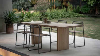Outdoor dining set with wooden table and metal chairs