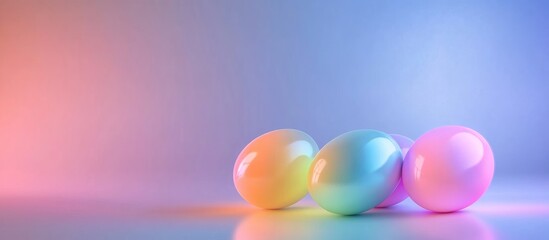 Neon glowing Easter eggs on a minimal pastel background for spring celebrations with ample copyspace for text or messaging