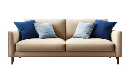 Fototapeta premium modern. stylish beige sofa with two blue decorative pillows. designed for comfort and aesthetic appeal in a living space it showcases a minimalist design. suitable for contemporary home decor. emphasi