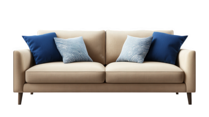 modern. stylish beige sofa with two blue decorative pillows. designed for comfort and aesthetic appeal in a living space it showcases a minimalist design. suitable for contemporary home decor. emphasi