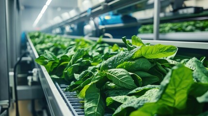 Modern tobacco production facility showcasing advanced machinery with fresh tobacco leaves prominently displayed for advertising and informational use