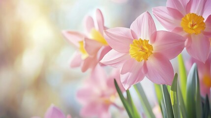 Fototapeta premium Light pink flowers with golden yellow centers in a spring garden Macro focus on blooming blossoms with soft bokeh background and copy space