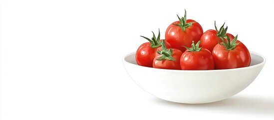 Bowl of vibrant red tomatoes with fresh herbs on a clean white background ideal for culinary presentations and recipe designs
