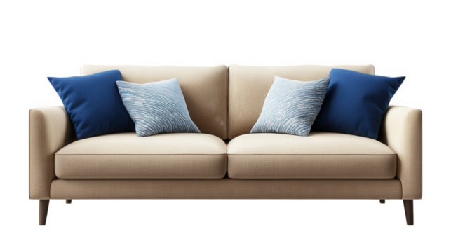 modern. stylish beige sofa with two blue decorative pillows. designed for comfort and aesthetic appeal in a living space it showcases a minimalist design. suitable for contemporary home decor. emphasi