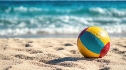 Obraz premium Hand painted beach ball on sandy shore with turquoise water in background and ample copy space for text or branding purposes