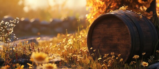 Vintage barrel in a serene landscape surrounded by flowers and sunlight with empty space for text or branding use