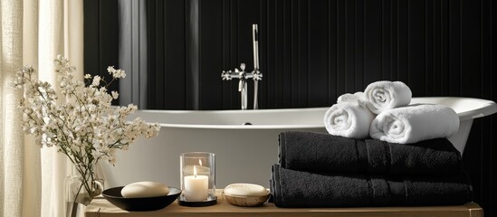 Elegant bathroom scene featuring black and white towels in a bathtub adorned with flowers and a candle offering stylish copyspace for text.