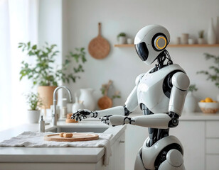 Domestic robots assisting with daily chores in a sleek, minimalist home.