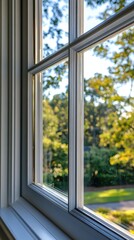 Fototapeta premium Grey window frame showing a blurred outdoor view
