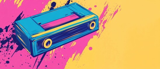 Vibrant 90s Music Era Retro Banner Featuring Cassette Tape Design With Bold Colors and Space for Custom Text