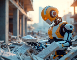 A construction robot lifting materials at a modern construction site.