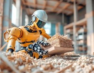A construction robot lifting materials at a modern construction site.