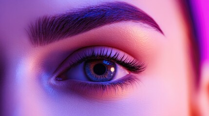 Close up of a captivating female eye in vibrant neon light showcasing beautifully groomed eyebrows with space for text placement