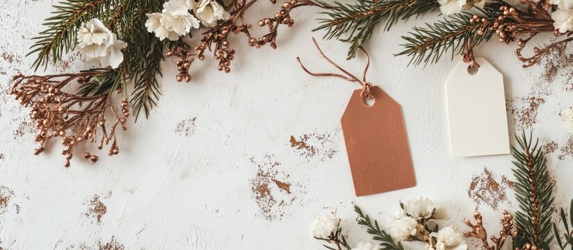 Elegant Card Mockup Surrounded by Wreath Flowers and Copper Name Tags Featuring Ample Copyspace for Personalized Text and Messages - Powered by Adobe