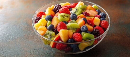 Colorful fresh fruit salad in a clear bowl on a rustic table with ample copyspace for text and branding opportunities