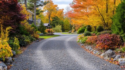 Obraz premium Serene gravel driveway winding through vibrant autumn garden showcasing colorful foliage and harmonious landscapes for peaceful retreat.