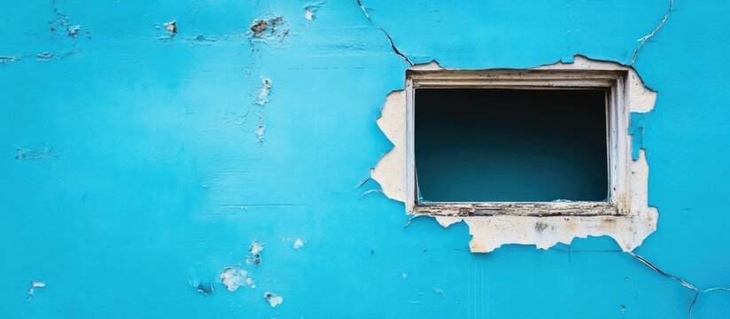 Broken window in a blue wall showcasing textured details with space for adding personalized text or promotional content
