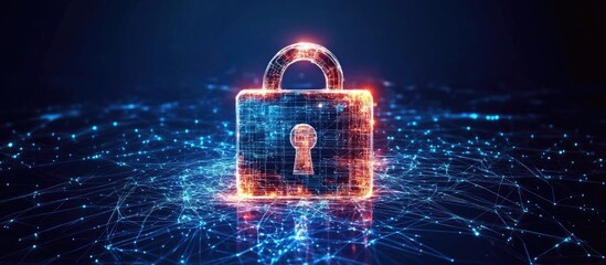 Cybersecurity and digital network protection concept with a glowing padlock symbolizing secure connections and data safety in a digital landscape