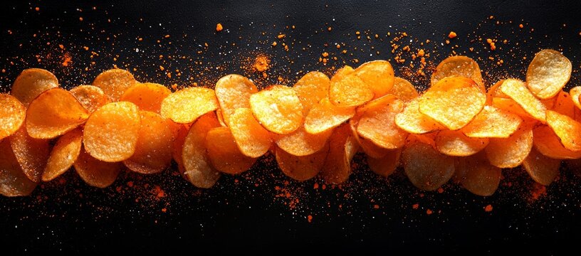 Spicy potato chips cascade, dark background, food photography, packaging