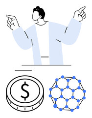 Person gesturing upward with coin and blockchain network symbols. Ideal for fintech, cryptocurrency, technology innovation, leadership, networking, data systems, abstract line flat metaphor