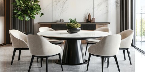 Obraz premium Modern dining room interior design showcasing a round table and plush chairs in neutral tones complemented by greenery and ample copy space.