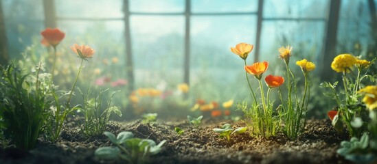 Vibrant greenhouse showcasing sprouted flowers and seedlings symbolizing organic farming with serene lighting and ample space for text.