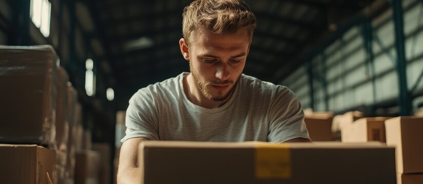 Young man engaged in warehouse logistics, organizing boxes and handling products, with space for text in a professional warehouse setting.