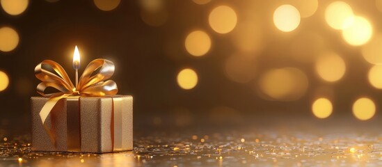 Golden 50th Anniversary Celebration Candle with Gift Box and Bokeh Background for Text Placement and Festive Wishes