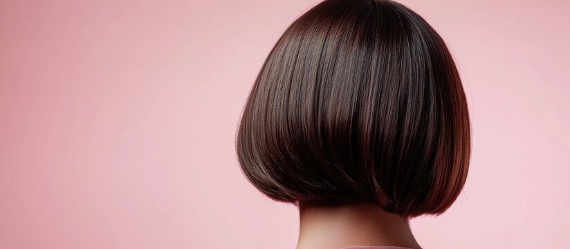 Stylish Brown Bob Hairstyle on Pastel Pink Background with Angular Edges and Smooth Highlights Featuring Empty Copyspace for Text