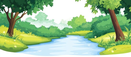 Verdant forest landscape with a serene river flowing through lush greenery and clear space for text or graphic overlay