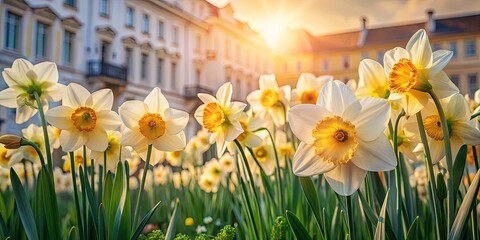 Obraz premium Spring Daffodil Bloom, Architectural Harmony, Pastel Hues, Floral Photography