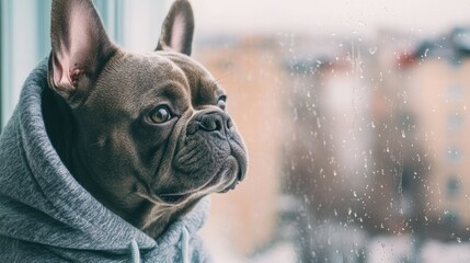 French Bulldog in hoodie gazing out hotel window with raindrops creating a cozy atmosphere and ample space for text insertion