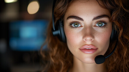 Beautiful customer service agent with green eyes wearing a headset, conveying professionalism and customer support expertise.