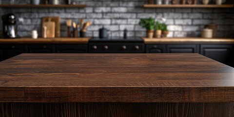 Elegant dark brown wooden tabletop showcasing rich grains in blurred vintage kitchen, ideal for product display with ample copy space.