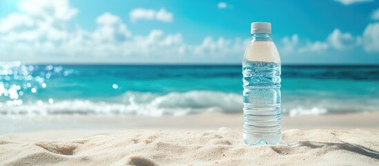 Bottle of water on sandy beach under bright sun with serene sea in background showcasing clear blue skies for text overlay
