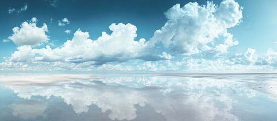 Serene beach landscape with reflective waters and vibrant clouds perfect for eco-tourism themes and promoting relaxation and travel inspiration.