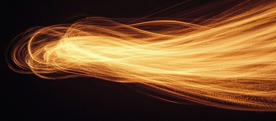 Dynamic abstract light trail with motion blur effects and ample space for text or graphic overlays in a dark background setting