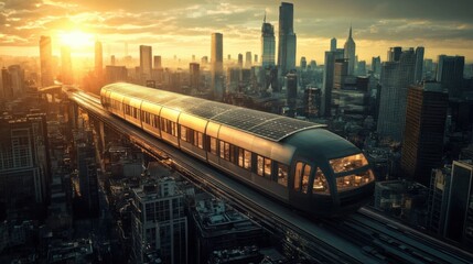 Naklejka premium Futuristic Urban Train Station with Solar Panels Gliding Above a City Skyline at Sunrise, Bathed in Golden Light and City Skyscrapers in the Background