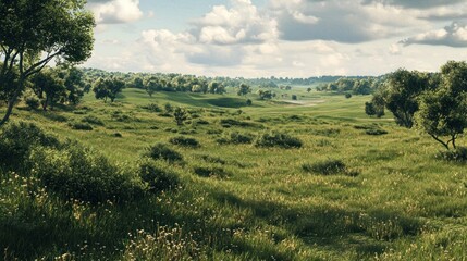 Fototapeta premium Serene Summer Meadow Landscape: A picturesque view of a tranquil meadow under a partly cloudy sky, showcasing lush green grass, scattered trees, and a distant body of water.