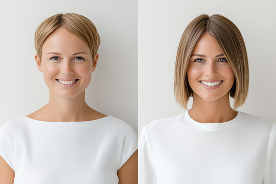 Transformation of a woman&rsquo;s haircut from a short pixie style to a sleek medium-length bob. Modern and chic evolution.