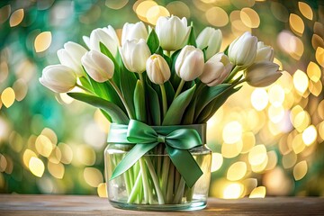 Stunning White Tulips in Glass Vase with Big Green Bow - Spring Floral Photography