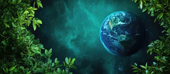 Blue green planet in space framed by lush greenery and vibrant foliage with ample empty space for text or graphic overlay