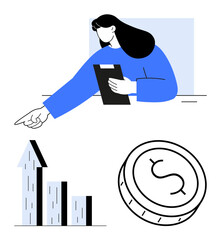 Businesswoman holding a clipboard points towards a rising bar chart and a coin with a dollar sign. Ideal for finance, business growth, investment, analytics, market trends, economic planning